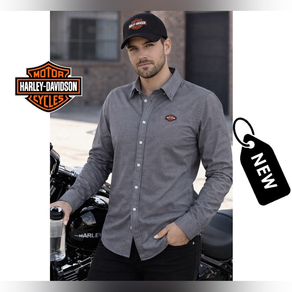 NWT Harley-Davidson Men's Slim Fit Logo Embroidery Oxford Shirt Light Gr…